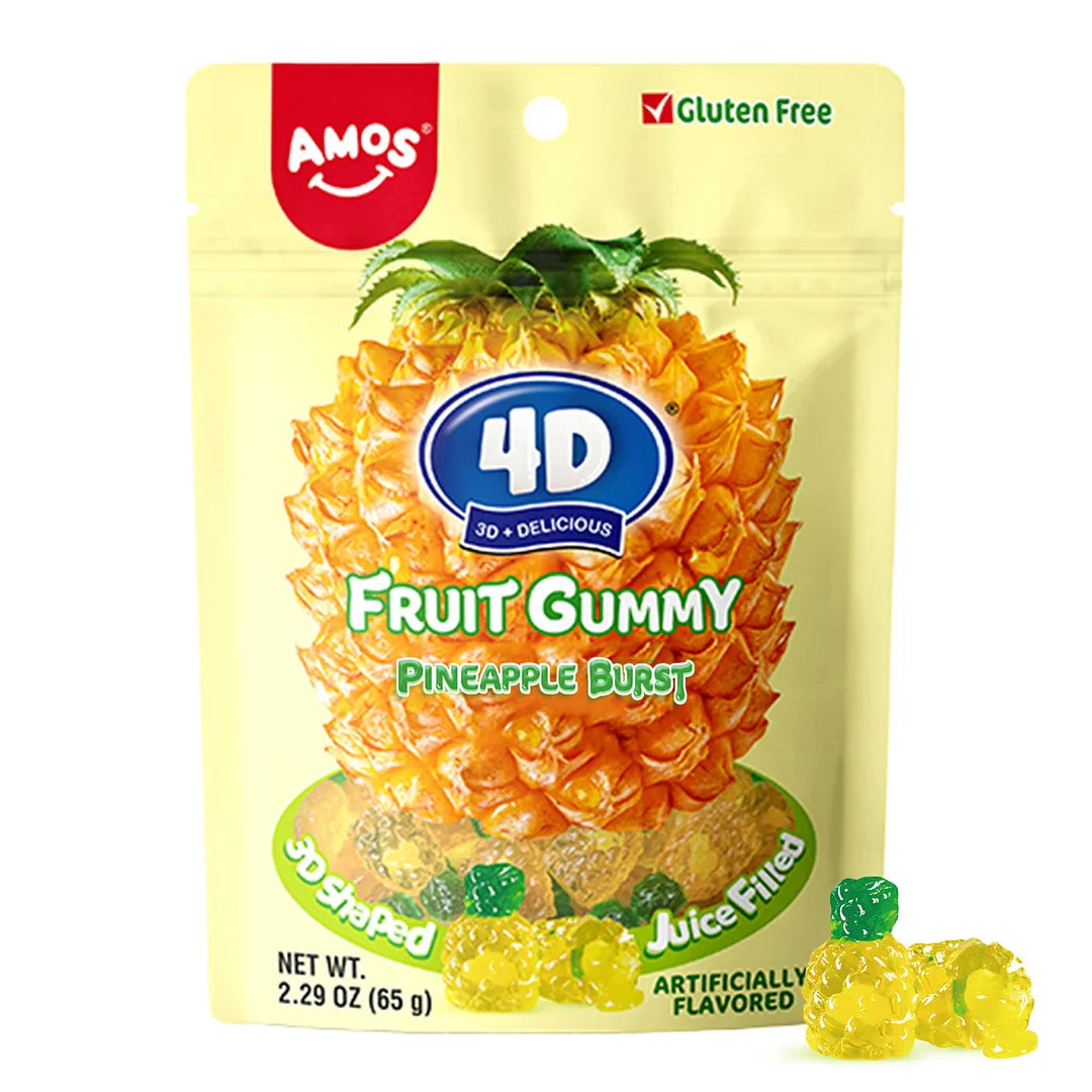 4D Pineapple Juicy Burst Gummies in 2.29 oz bag with 3D-shaped, juice-filled gummy pineapples.