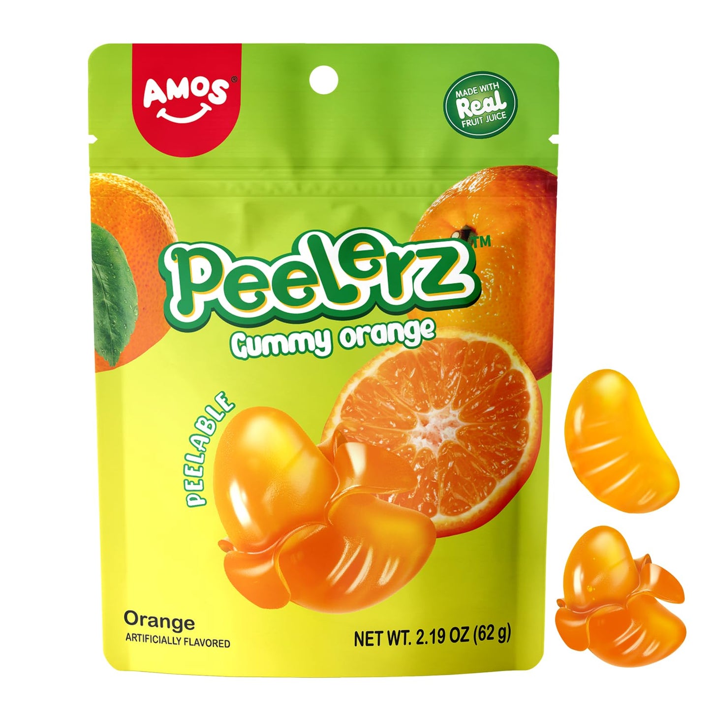 Gummy Orange Peelerz with peelable chewy shell and soft inside, 2.19 oz bag.