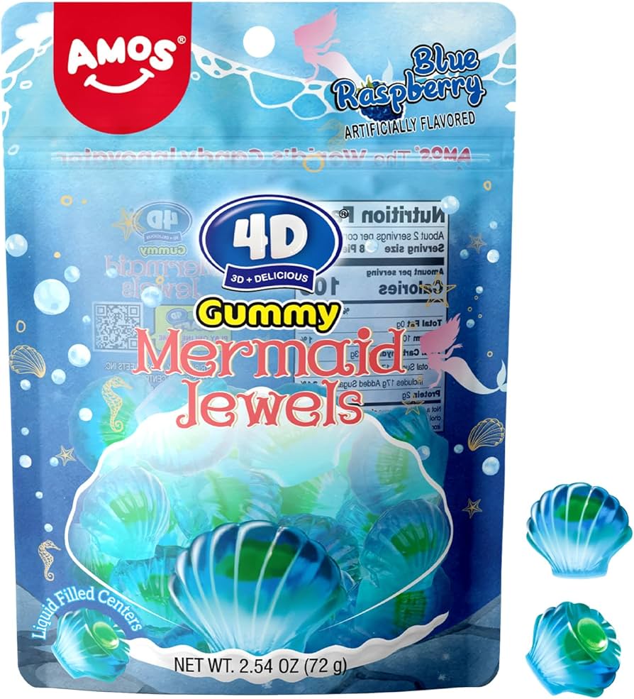 4D Gummy Mermaid Jewels, blue-raspberry shell-shaped candies, 2.54 oz bag.