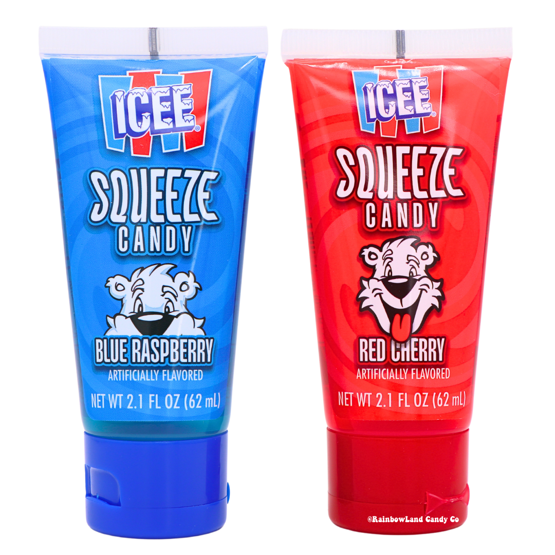 ICEE Squeeze Candy in Blue Raspberry and Cherry flavors, 2.1 fl oz tubes.