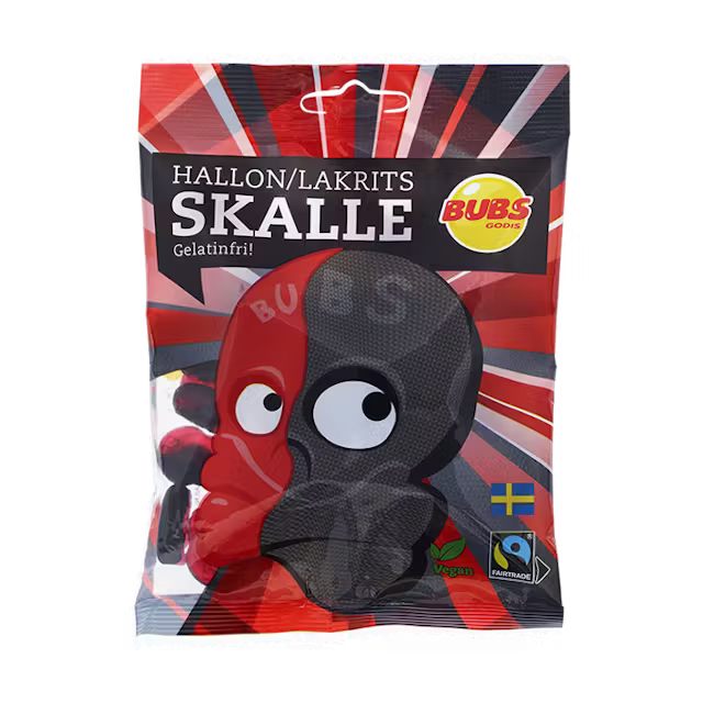 Bubs Raspberry & Licorice Skulls candy bag from Sweden, vegan, 90g.