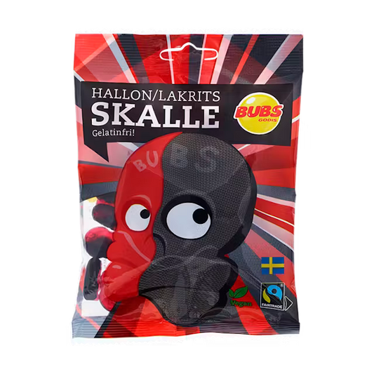 Bubs Raspberry & Licorice Skulls candy bag from Sweden, vegan, 90g.