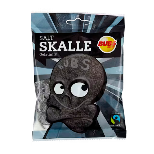 Bubs Salty Licorice Skulls 90g bag from Sweden, vegan candy.