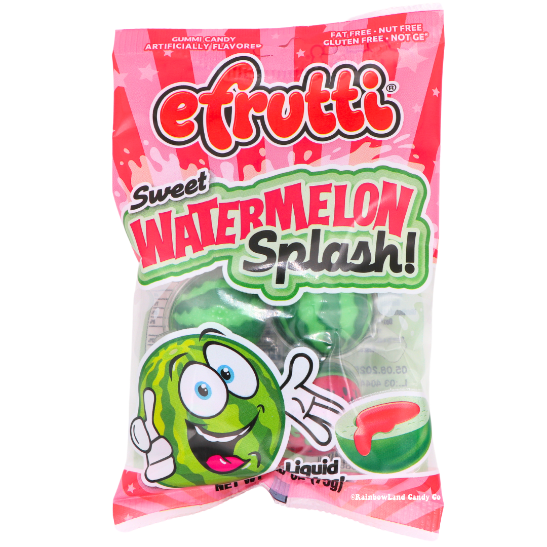 Efrutti Watermelon Splash Gummies in colorful packaging with cartoon watermelon design.