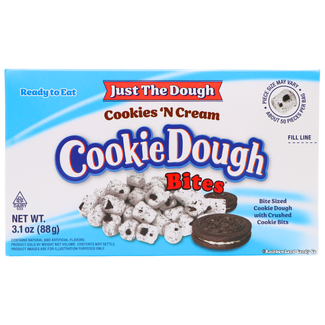 Cookie Dough Bites Just the Dough Cookies 'N Cream theater box with bite-sized cookie dough pieces and crushed cookie bits.
