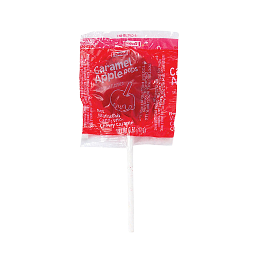 Red Macintosh caramel apple lollipop wrapped in packaging.