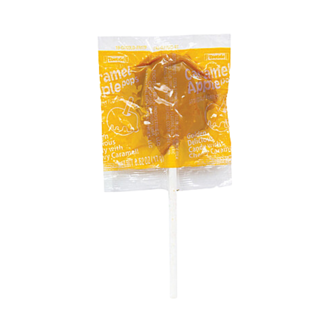 Golden Delicious caramel apple lollipop in packaging.