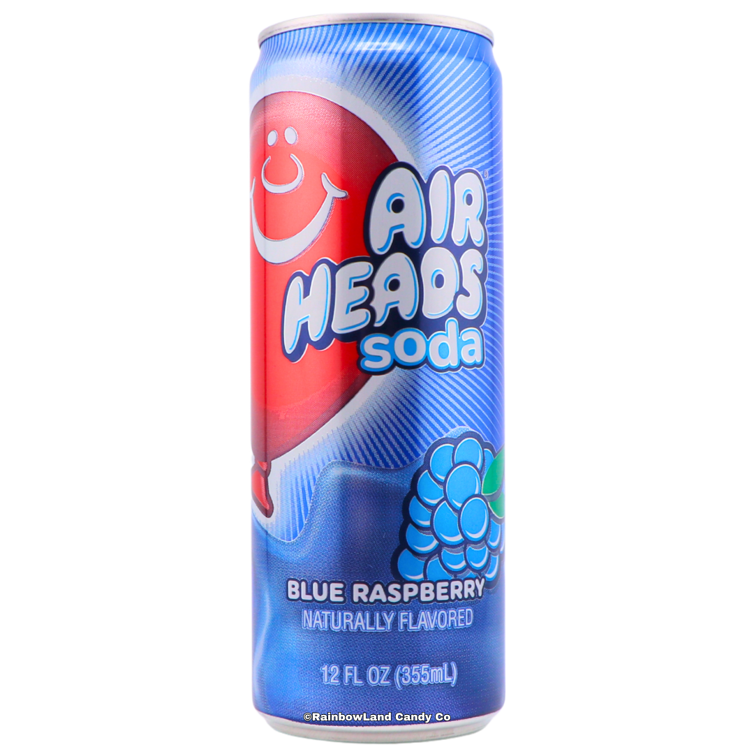 Blue 12 fl oz Airheads Blue Raspberry Soda can featuring bold Airheads branding, a blue raspberry graphic, and naturally flavored labeling.