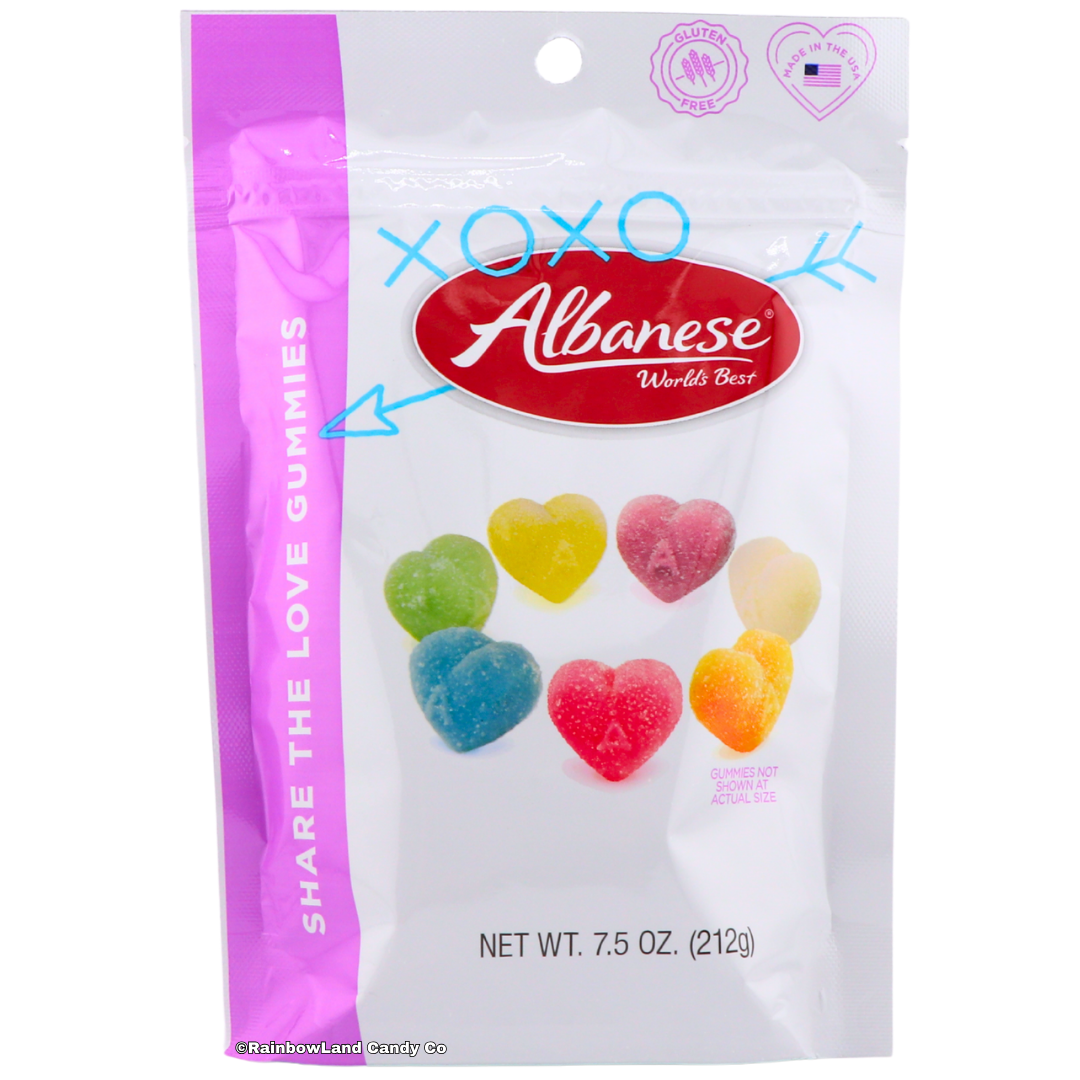 Front view of Albanese Share the Love Gummies bag featuring colorful heart-shaped gummies in assorted fruit flavors, net weight 6.5 oz.