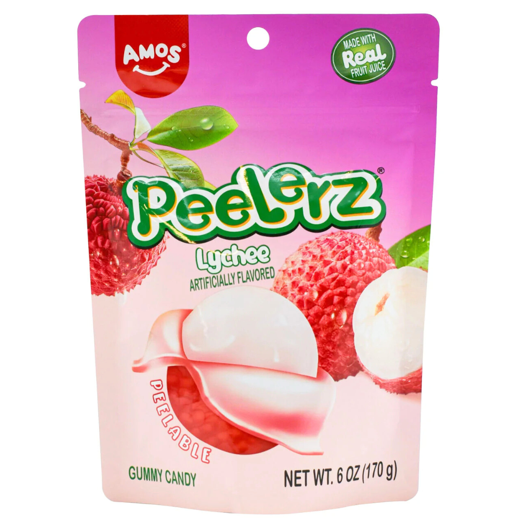 Amos Peelerz Lychee peelable gummy candy 6oz bag made with real fruit juice lychee shaped gummies with blush pink outer peel and creamy white center