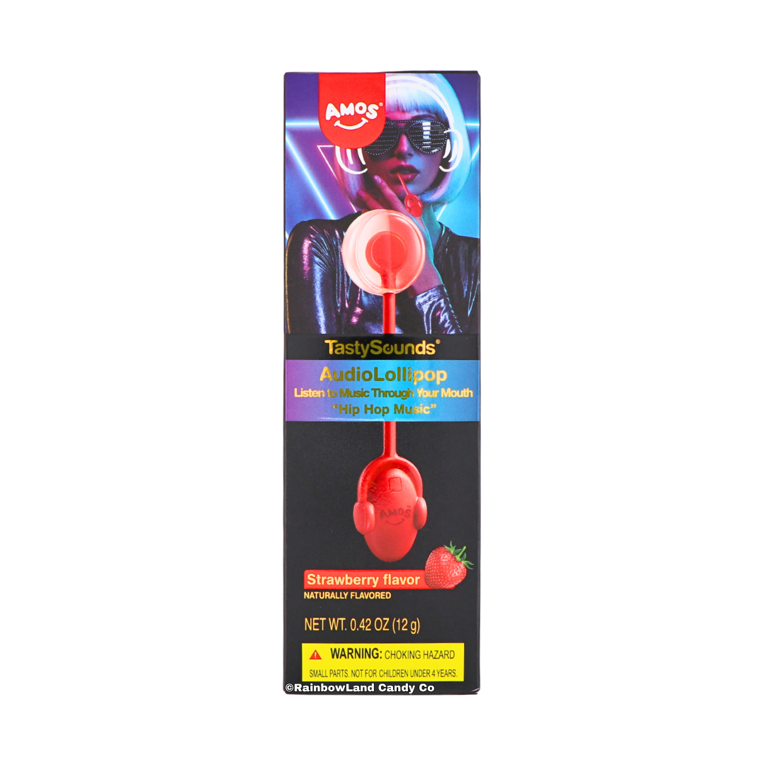 RainbowLand Candy Co. Amos TastySounds AudioLollipop, red strawberry flavored hard candy lollipop shaped like red headphones on a red stick, black and purple neon packaging featuring a model in sunglasses holding the lollipop to her mouth.