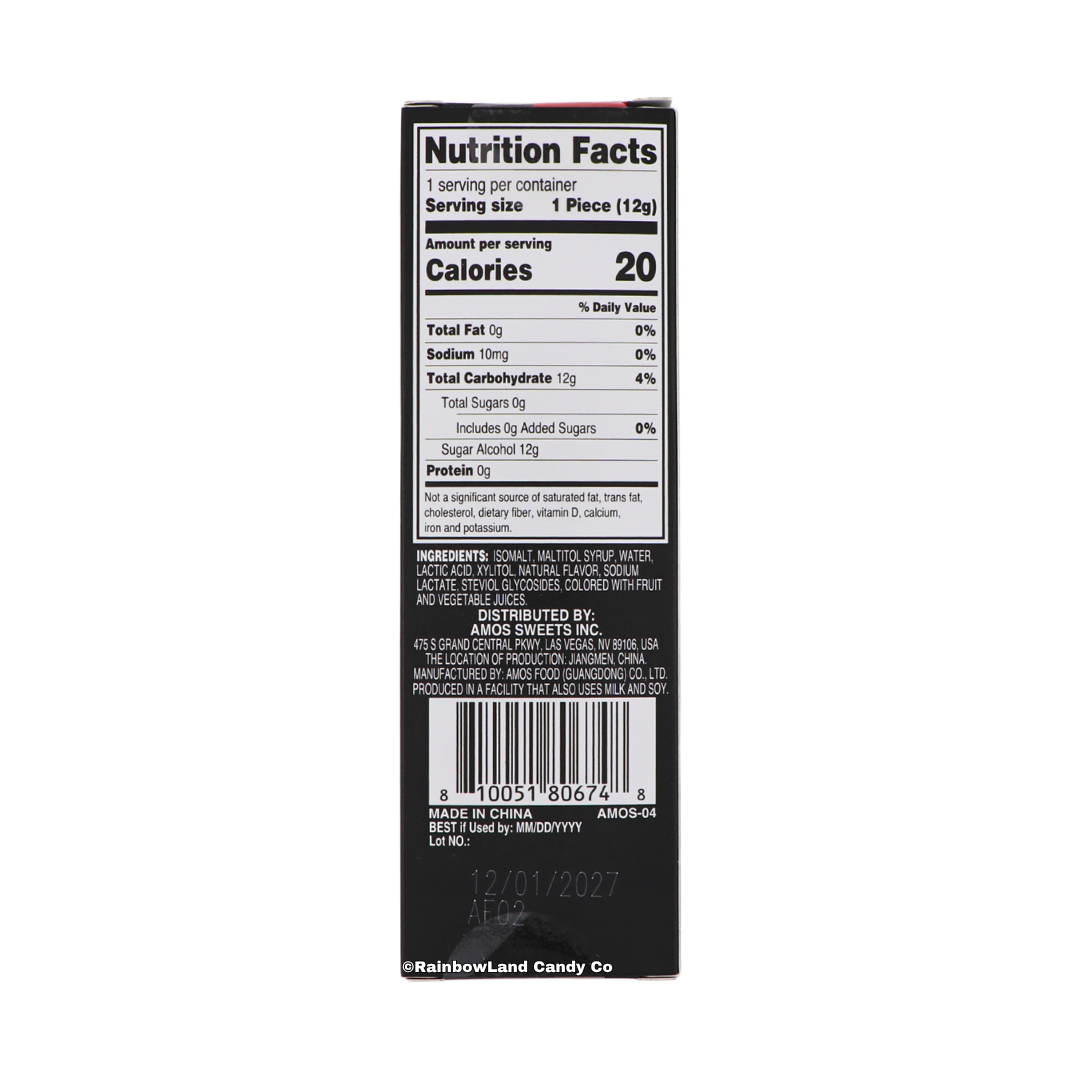 RainbowLand Candy Co. Amos TastySounds AudioLollipop nutrition facts and ingredient label, black packaging with strawberry flavored isomalt hard candy lollipop, 12g serving, made in China.