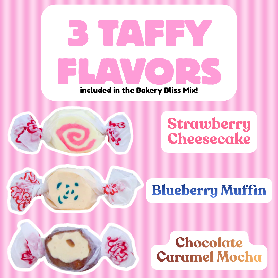 Bakery Bliss Taffy Trio flavor guide showing three individually wrapped taffy pieces labeled Strawberry Cheesecake, Blueberry Muffin, and Chocolate Caramel Mocha on a pink striped background.