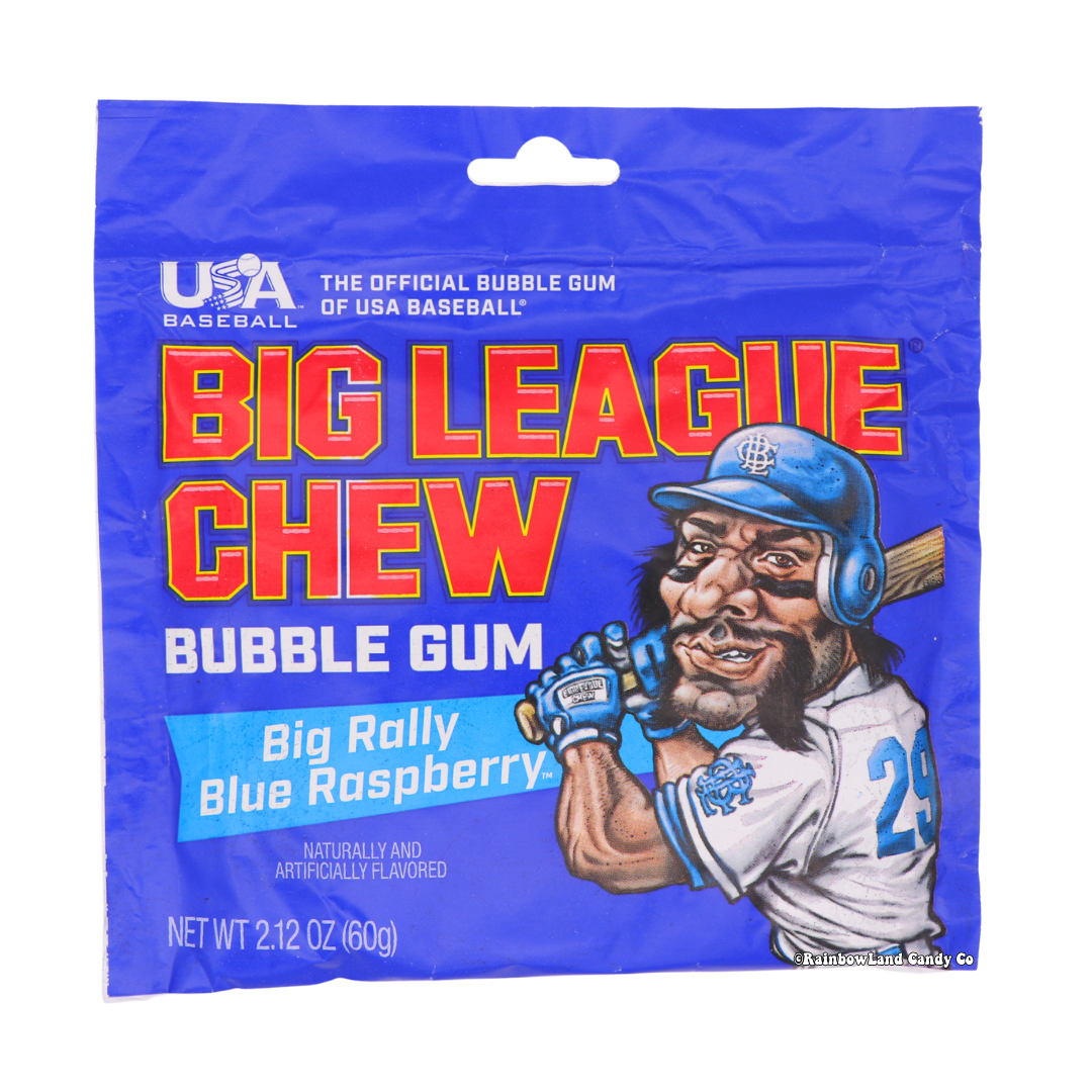 Blue 2.12 oz Big League Chew Big Rally Blue Raspberry bubble gum bag featuring the Big League Chew baseball player mascot, USA Baseball official gum branding, and blue raspberry flavor callout.