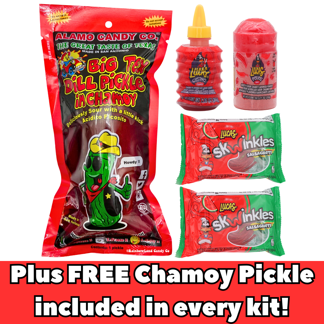 Chamoy Pickle Kit featuring an Alamo Big Tex Dill Pickle in Chamoy bag, Lucas Gusano Chamoy bottle, Lucas Polvos chamoy powder, and two Lucas Salsagheti Watermelon candy packs, with a banner noting a free bonus pickle included.