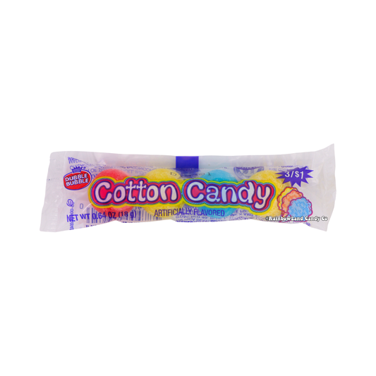 Dubble Bubble Cotton Candy gumball package in a clear plastic wrapper showing four gumballs in red, yellow, and blue, labeled "Cotton Candy, Artificially Flavored" with the red Dubble Bubble logo and a "3/$1" price burst graphic, net weight 0.64 oz.