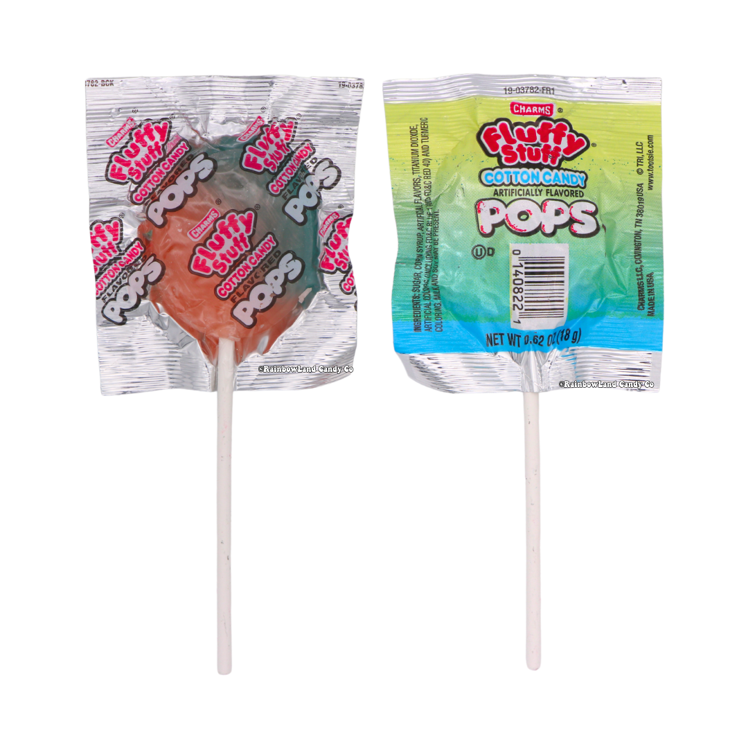 Charms Fluffy Stuff Cotton Candy Pop lollipop in swirled pink and blue coloring, wrapped in silver foil packaging with pink and blue "Fluffy Stuff Cotton Candy Pops" branding, 0.62 oz.