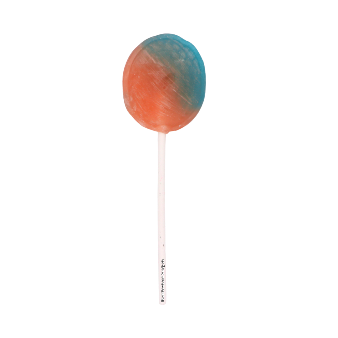 Charms Fluffy Stuff Cotton Candy Lollipop in orange and blue swirl.