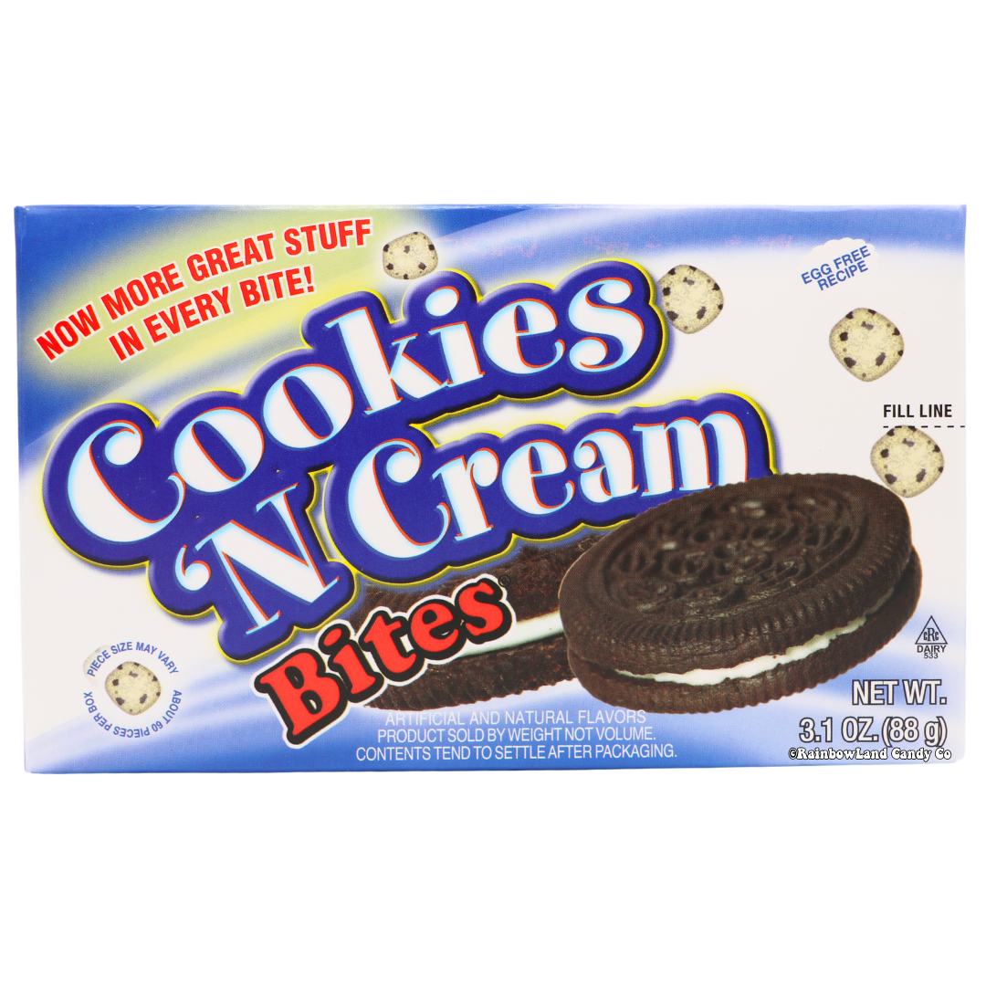Cookie Dough Bites Cookies 'N Cream candy box with Oreo-style cookie design.