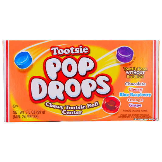 Tootsie Pop Drops Theater Box with fruit candy and chewy Tootsie Roll center.