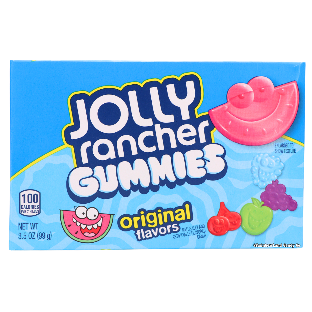 Jolly Rancher Gummies Original - Theater Box with fruity shapes and flavors like watermelon, green apple, cherry, grape, and blue raspberry.