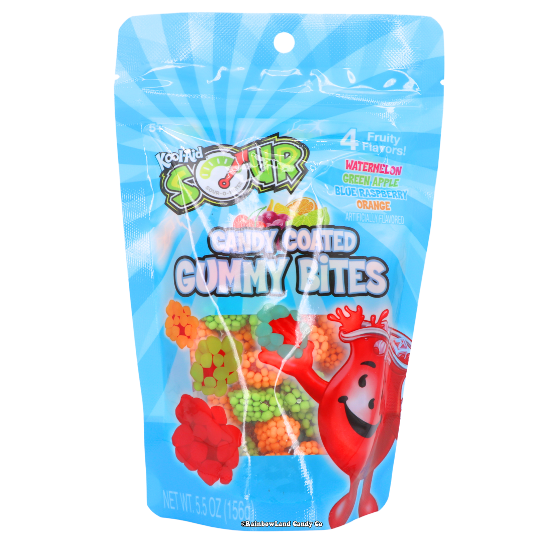 Kool-Aid Sour Candy Coated Gummy Bites in fruity flavors, 5.5 oz bag.