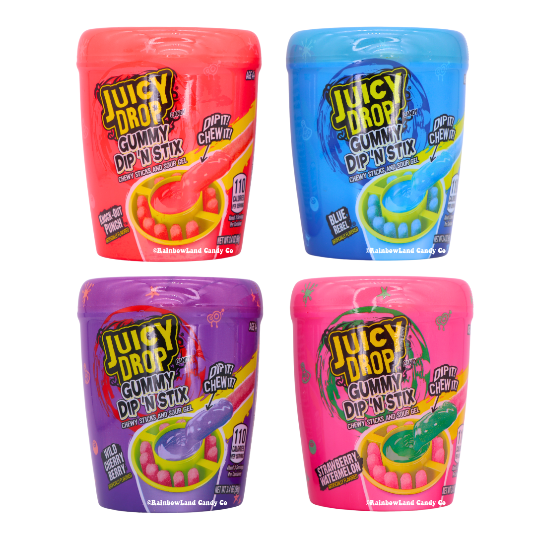 Juicy Drop Gummy Dip āN Stix in assorted flavors with sour gel for dipping.