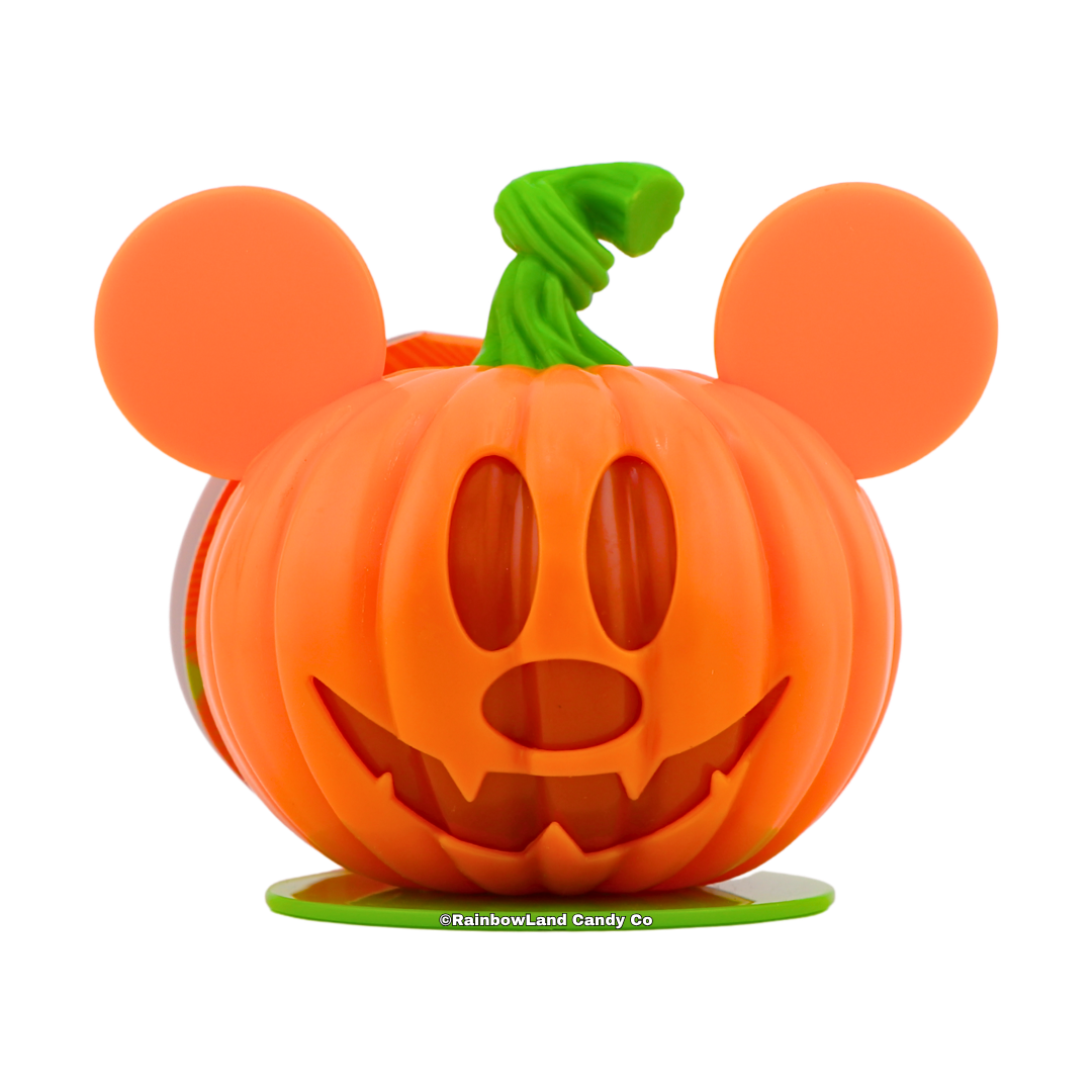 Disney Mickey Mouse Pumpkin Candy Character Case shaped like a jack-o'-lantern, featuring Mickey's ears and a curled green stem on top, net weight 0.35 oz.