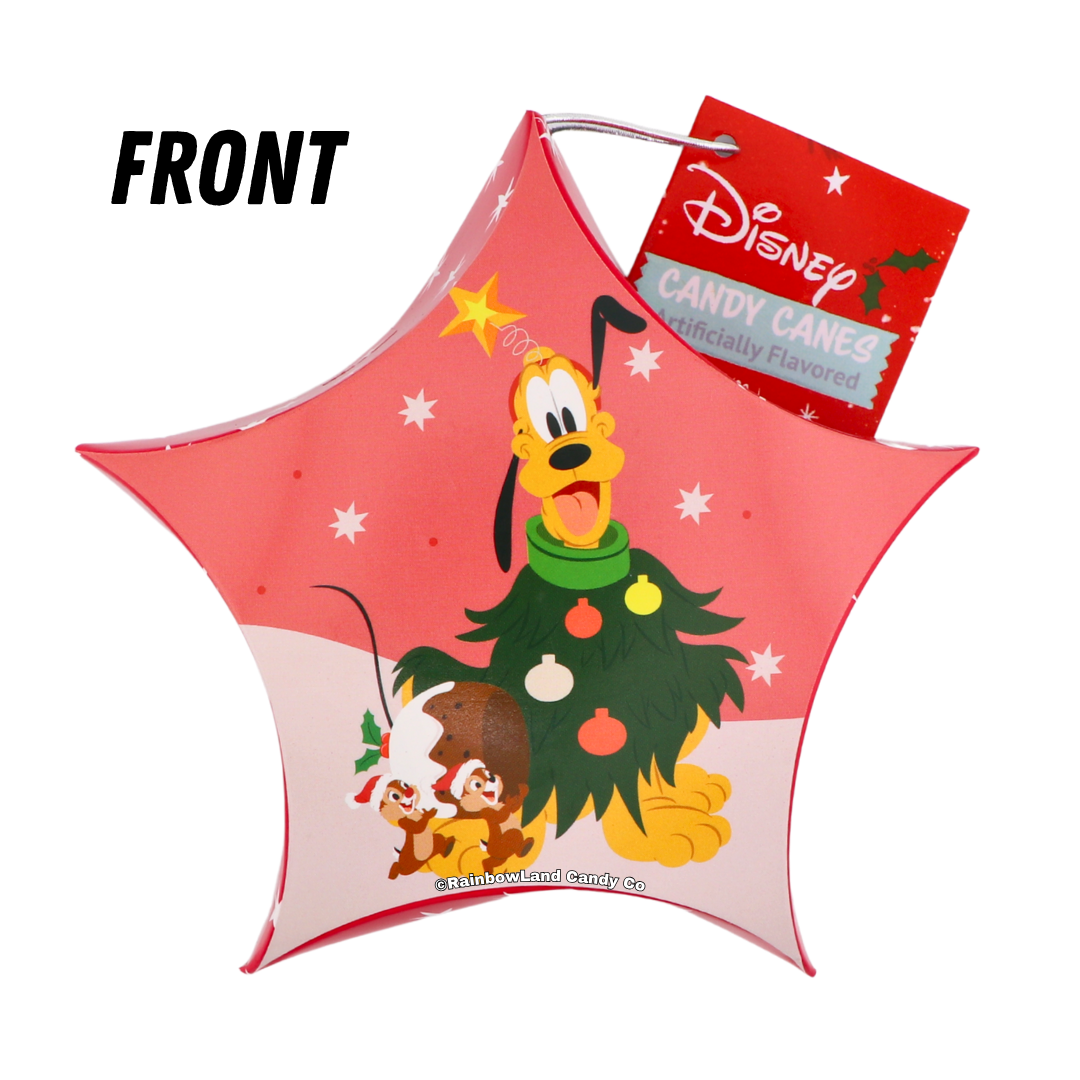 Pink star-shaped Disney candy cane ornament box featuring Pluto dressed as a Christmas tree with ornaments, alongside Chip and Dale wearing Santa hats, with a red Disney Candy Canes gift tag.