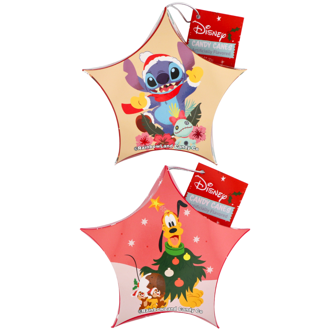 Two Disney star-shaped candy cane ornament boxes side by side, featuring Stitch in a Santa hat on top and Pluto dressed as a Christmas tree on the bottom.