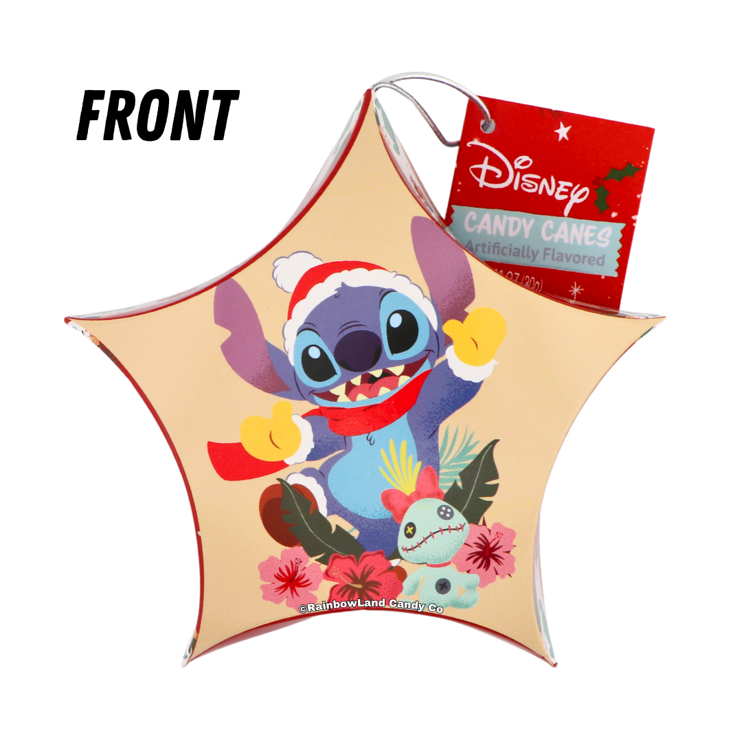 Tan star-shaped Disney candy cane ornament box featuring Stitch wearing a Santa hat and red scarf, surrounded by tropical hibiscus flowers and Scrump the doll.