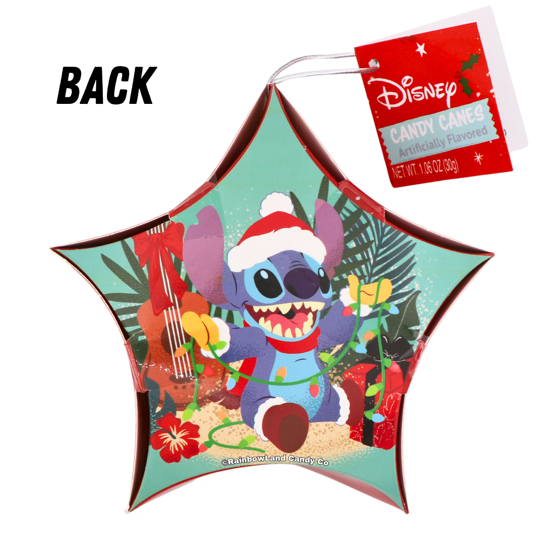 Back of the Disney Stitch star-shaped candy cane ornament box, showing Stitch in a Santa hat tangled in string lights against a teal tropical background.
