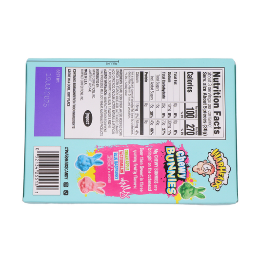 WarHeads Chewy Bunnies sour gummy candy box with nutrition facts.