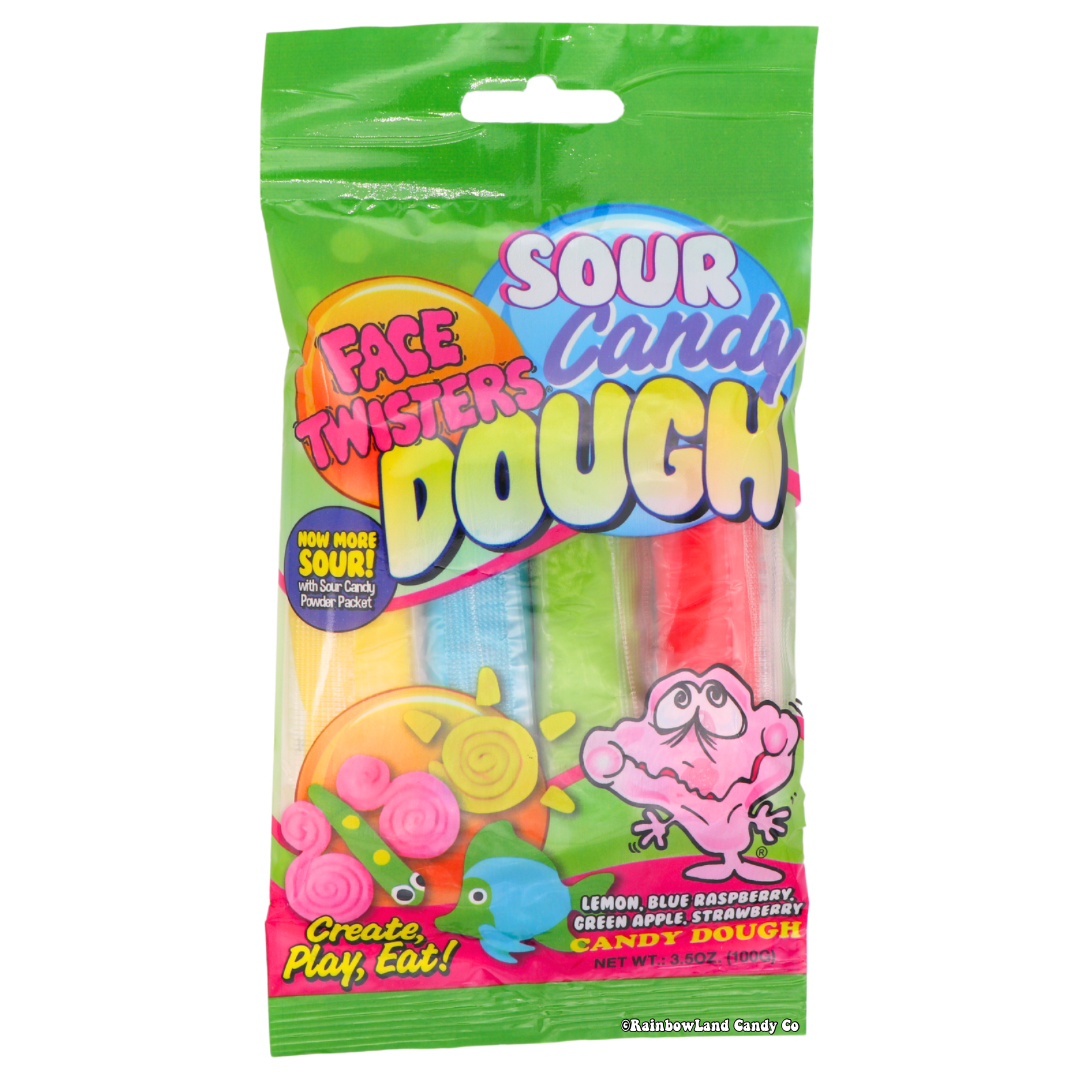 Green pack of Face Twisters Sour Candy Dough featuring four edible sour candy dough in Lemon, Blue Raspberry, Green Apple, and Strawberry flavors with a bonus sour powder packet and "Create, Play, Eat" branding.
