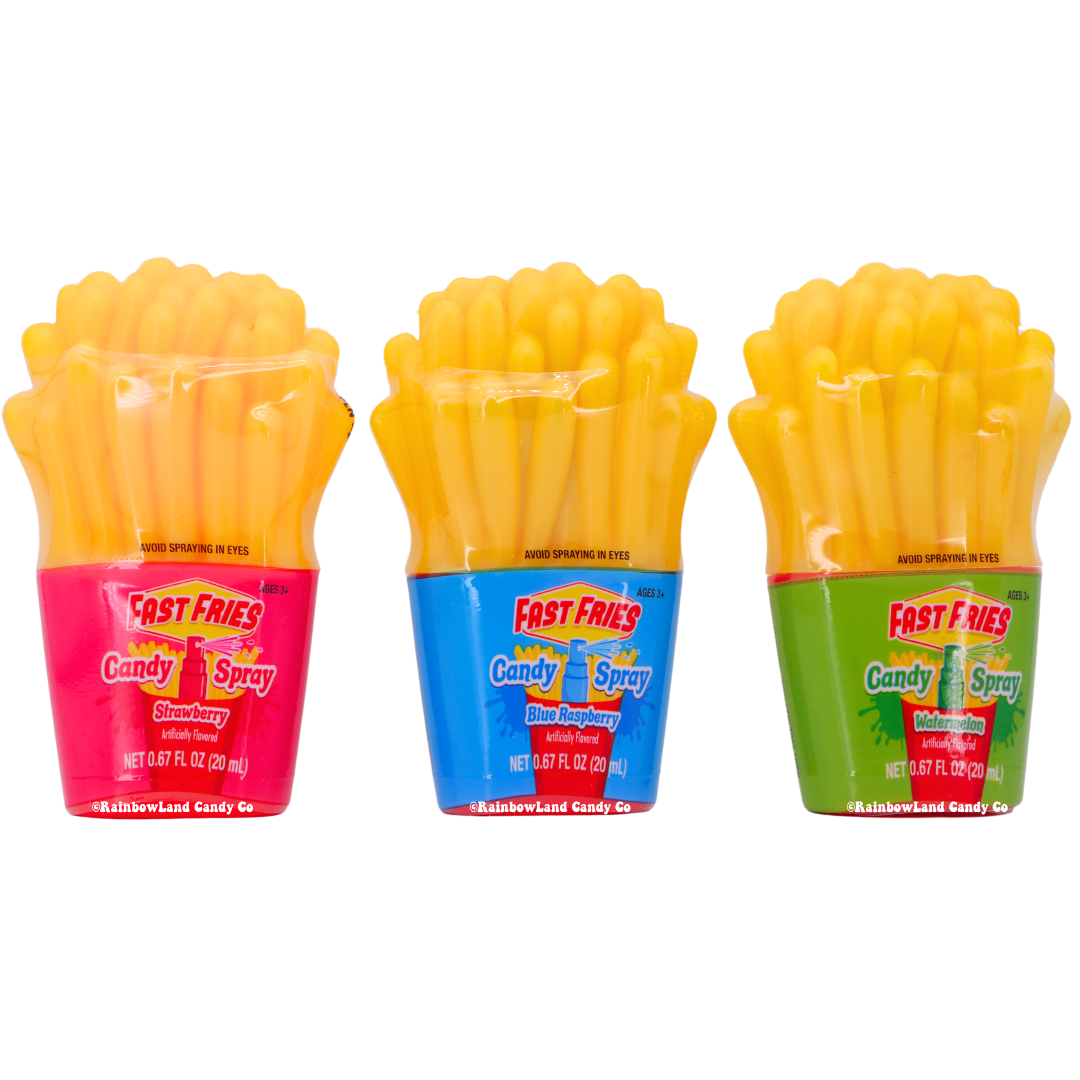 Fast Fries Candy Spray in fry-shaped containers, available in Strawberry, Blue Raspberry, and Watermelon flavors.