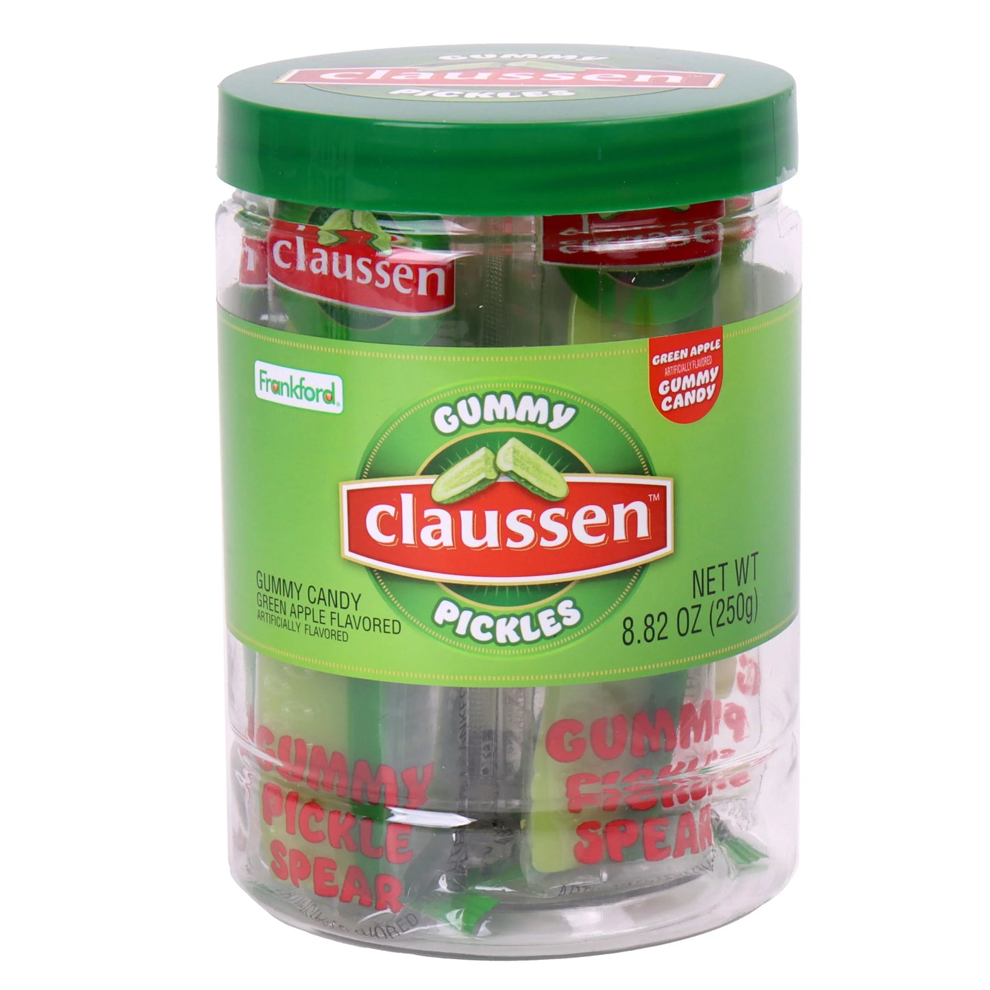 Claussen Gummy Pickles in a realistic pickle jar, green apple flavored candy.