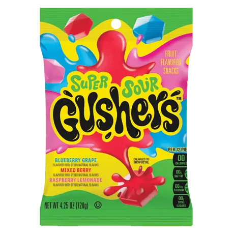 Fruit Gushers Super Sour flavored snacks packaging with blueberry grape, mixed berry, and raspberry lemonade flavors.