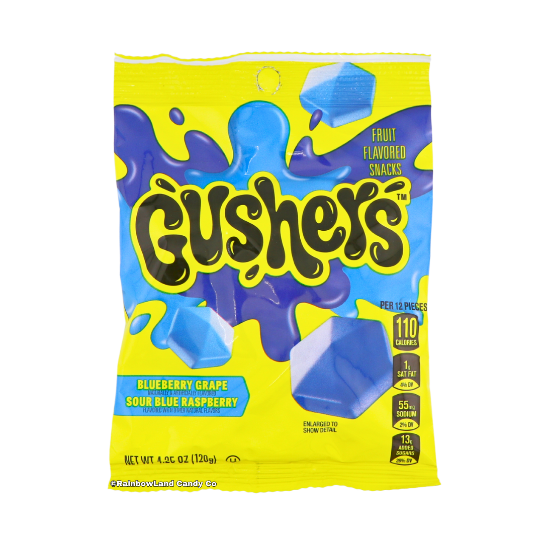 Yellow and blue Gushers bag showing sour blue raspberry and blueberry grape fruit snacks, 4.25 oz net weight.