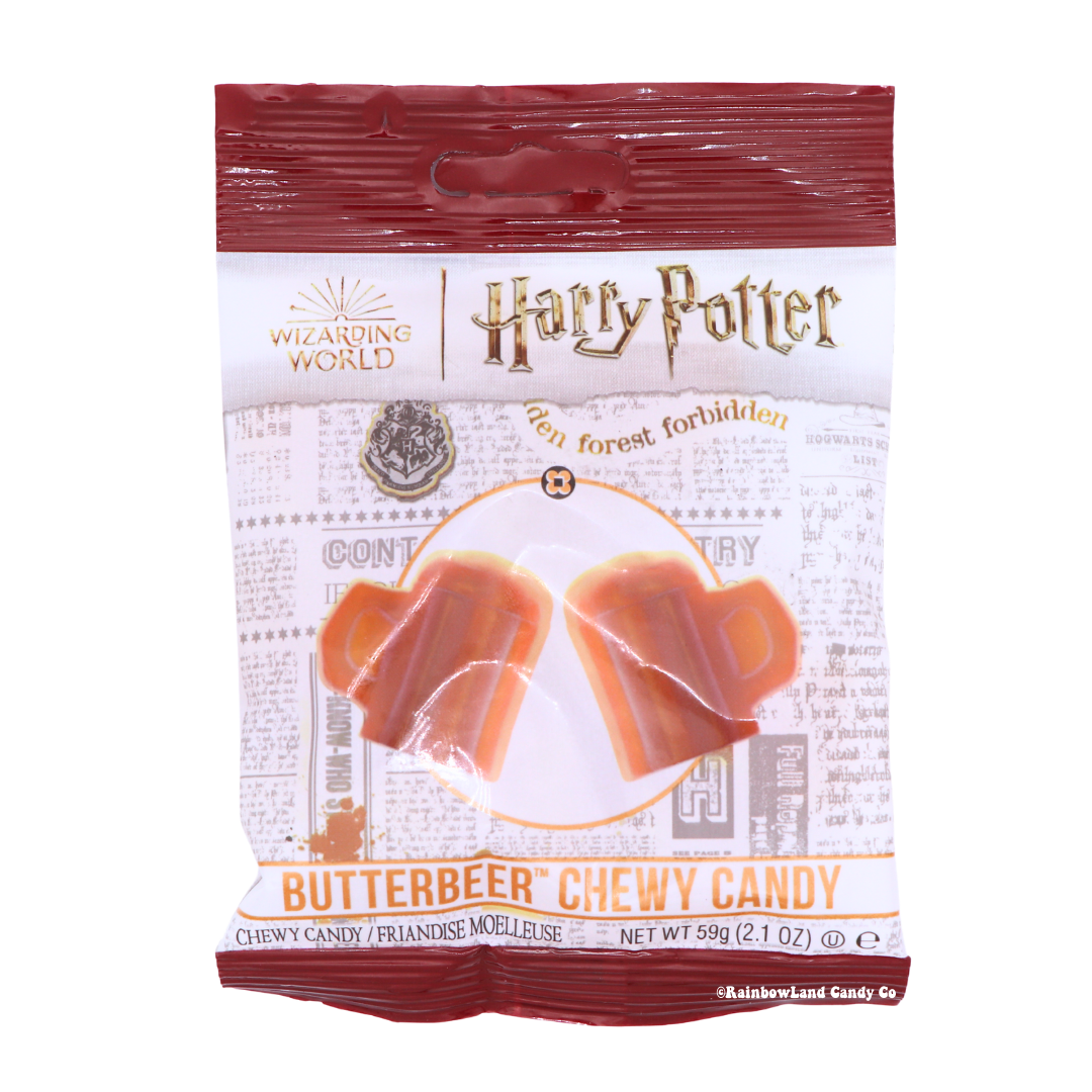 Harry Potter Butterbeer Chewy Candy 2.1oz officially licensed Wizarding World bag featuring soft chewy butterscotch cream flavored gummies shaped like Butterbeer mugs, with Hogwarts crest packaging.