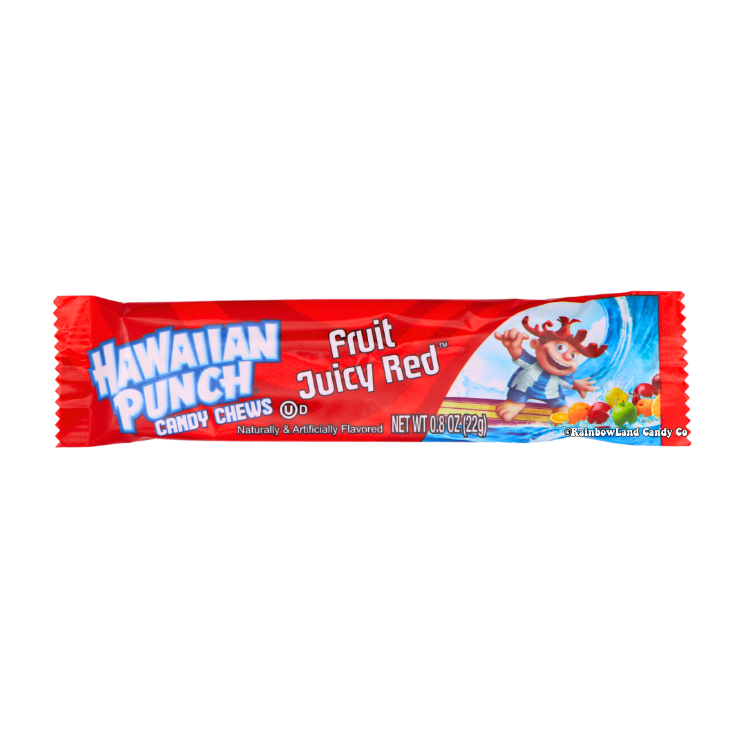 Hawaiian Punch Candy Chews Fruit Juicy Red package with vibrant tropical design.