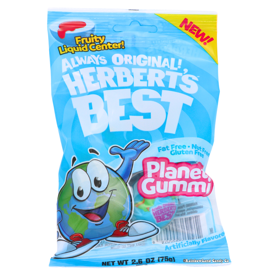 Herbert's Best Planet Gummies pack with fruity liquid center and Earth-shaped gummies.