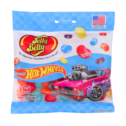 Jelly Belly Hot Wheels Jelly Beans package featuring colorful candy and Hot Wheels car design.