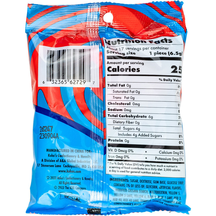Back of 4 oz ICEE Gumballs bag showing nutrition facts with approximately 17 servings per container and ingredient list, manufactured by Koko's Confectionery & Novelty for the ICEE Company.
