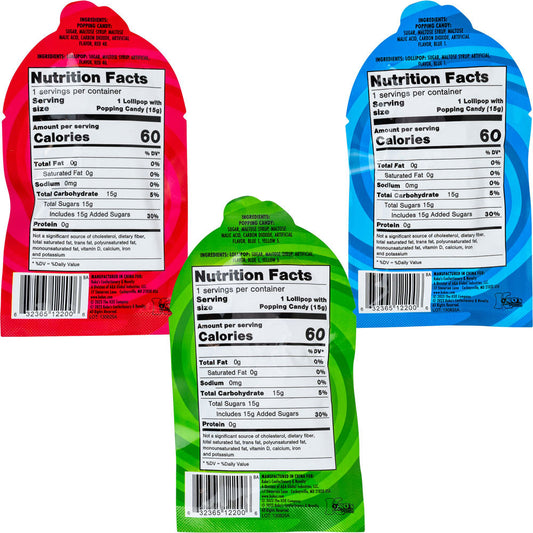 ICEE Popping Candy with Lollipop Dip-N-Lik 0.53oz nutrition facts showing 60 calories per serving in three flavors — red cherry, blue raspberry, and watermelon — with popping candy and lollipop ingredients listed.