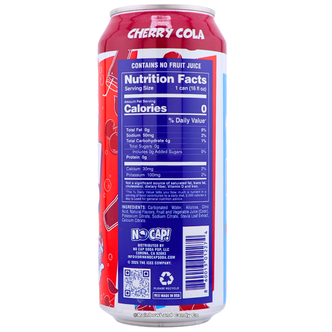 Back of ICEE Cherry Cola No Cap Soda Pop can showing the nutrition facts panel, ingredient list, "Contains No Fruit Juice" note, and No Cap Soda Pop distributor information.