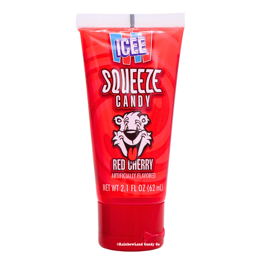 ICEE Squeeze Candy tube in red cherry flavor, featuring the ICEE logo and polar bear mascot artwork.