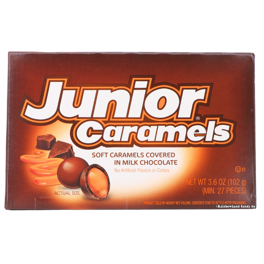 Junior Caramels Theater Box with milk chocolate-coated soft caramel candies, 3.6 oz package.