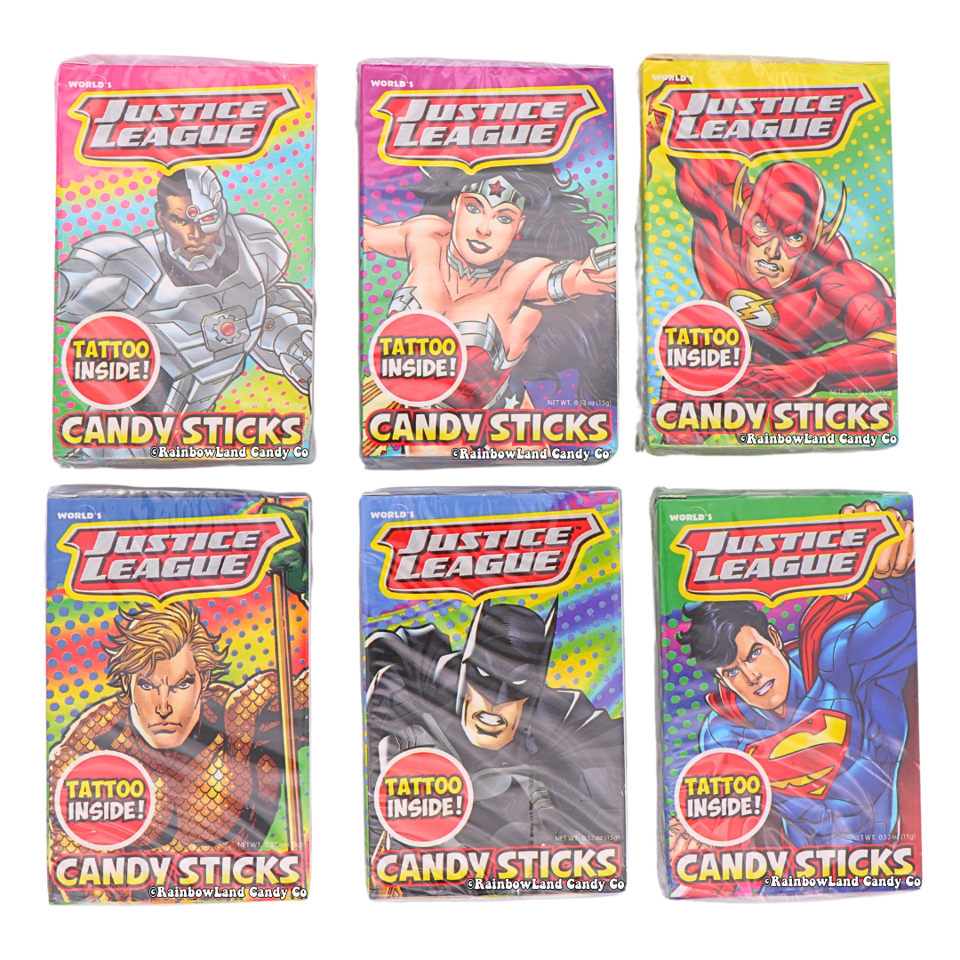 Justice League Candy Sticks with superhero tattoos featuring Superman, Batman, Wonder Woman, The Flash, Aquaman, and Cyborg.