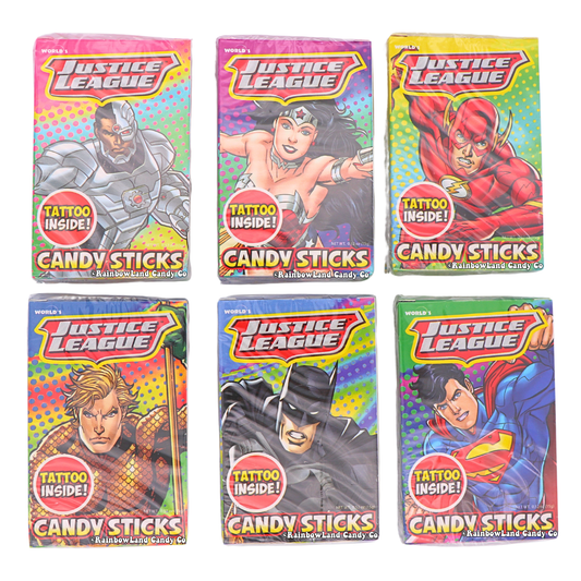 Justice League Candy Sticks with superhero tattoos featuring Superman, Batman, Wonder Woman, The Flash, Aquaman, and Cyborg.
