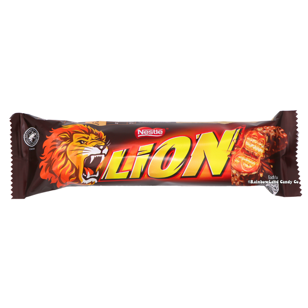 Brown Lion Chocolate Bar wrapper from the UK featuring a roaring lion graphic and the Nestle logo, with milk chocolate, caramel, and wafer candy bar imagery.